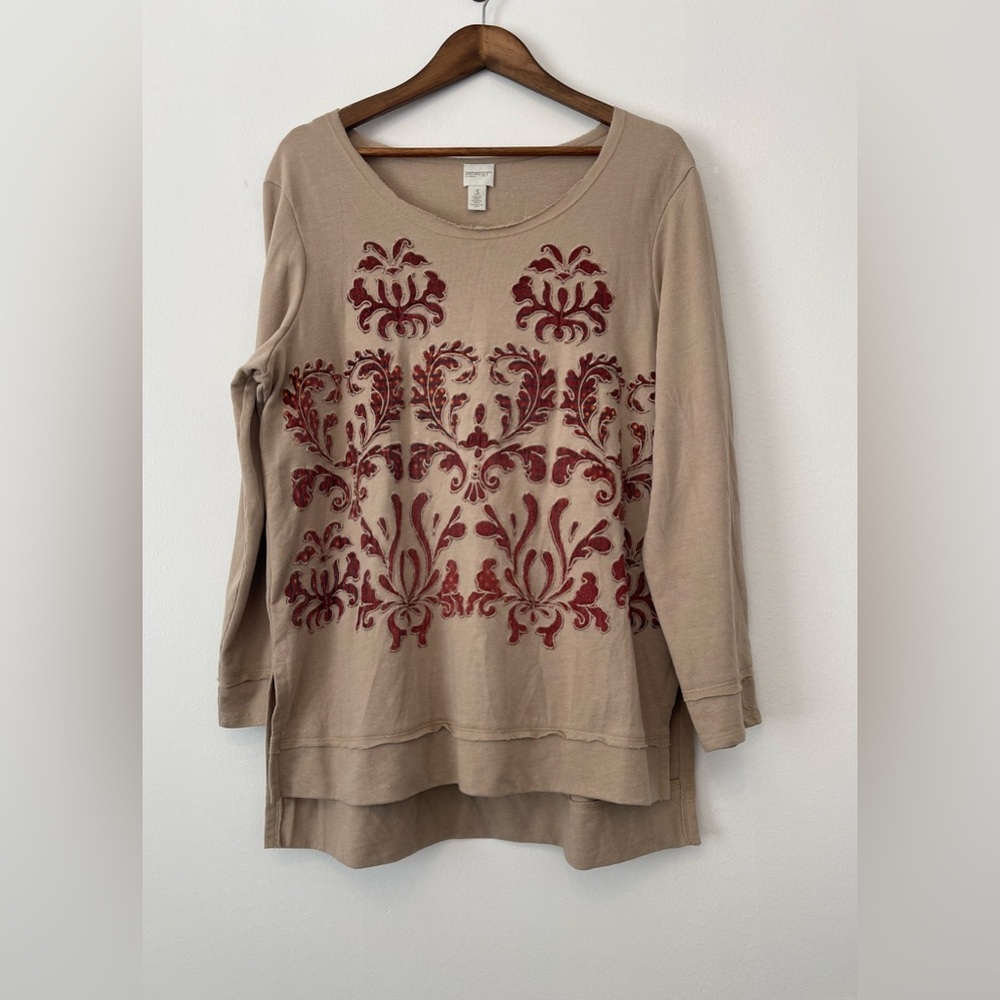 Chicos Zenergy Size 3 Velvet Print Top Raw Edge Tunic Pumpkin Spice XL Fall‎